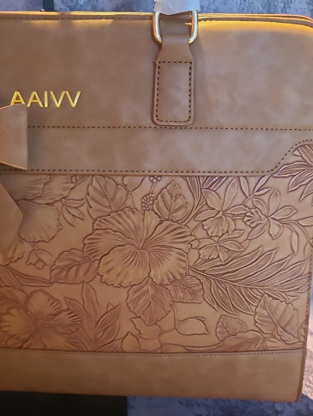 Floral-Embossed Laptop Tote in Tan